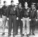 L to R: Lt. William R. Pound, Jr., (navigator), Lt. William M. Bower (pilot), S-Sgt. Omer A. Duquette (engineer-gunner), Lt. Thadd H. Blanton (co-pilot), T-Sgt. Waldo J. Bither (bombardier)